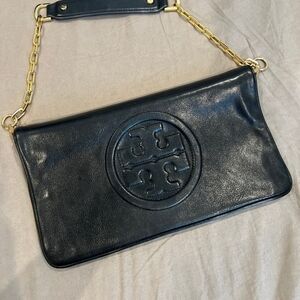 Tory Burch Black Leather Shoulder Bag with Gold Chain